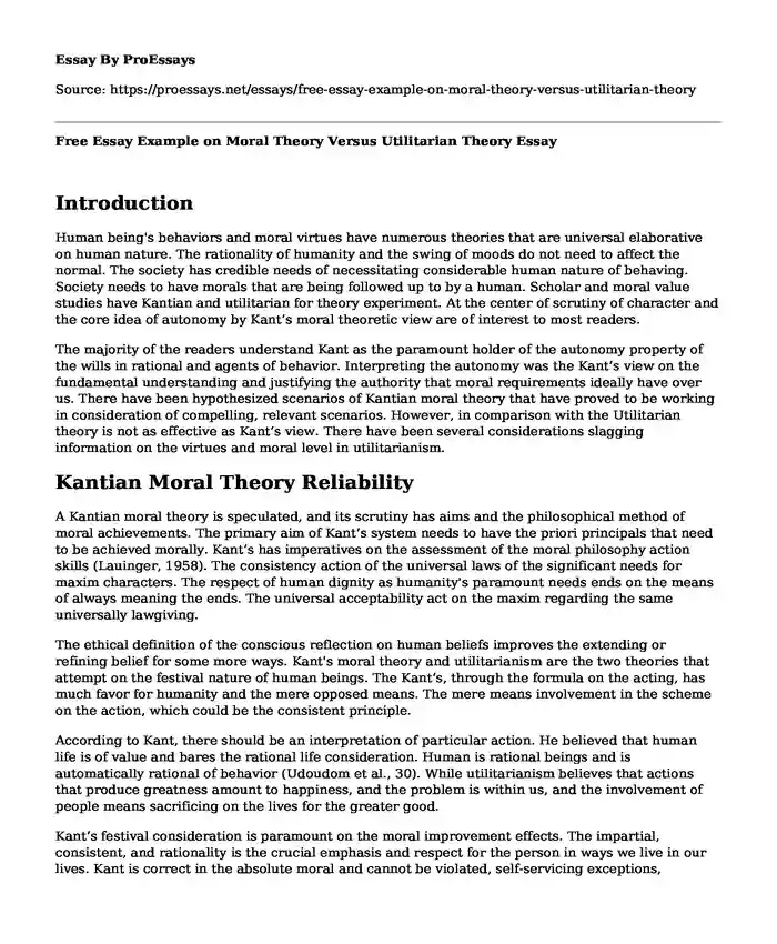 Free Essay Example on Moral Theory Versus Utilitarian Theory