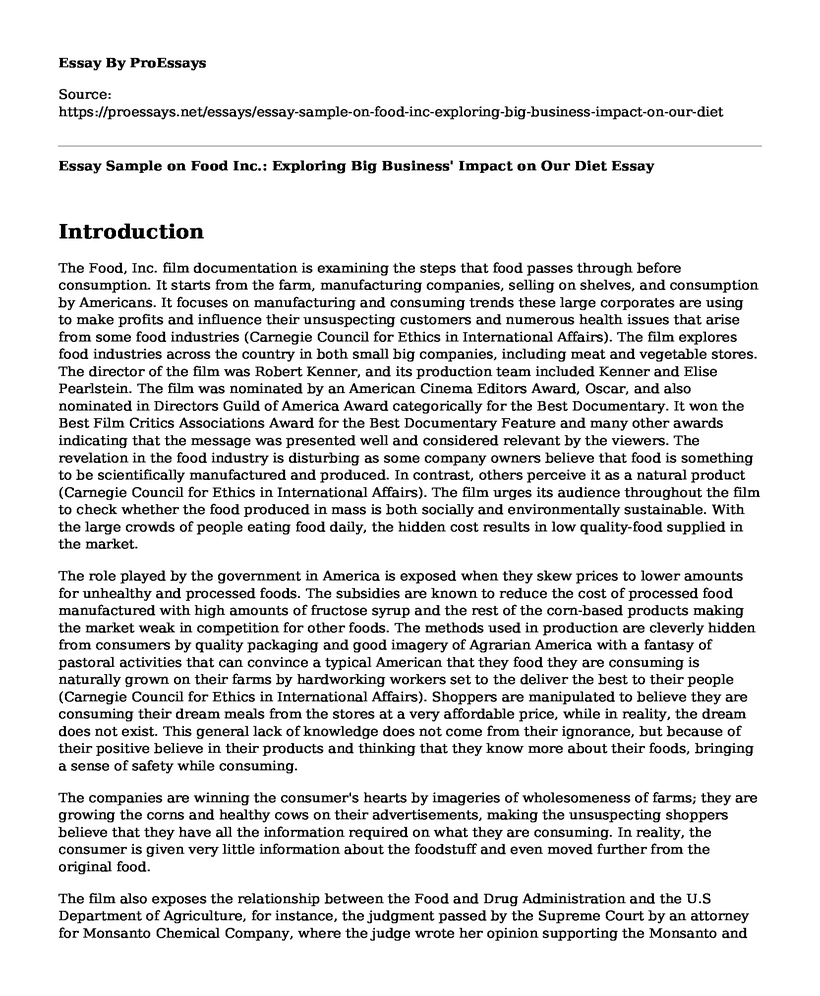 Essay Sample on Food Inc.: Exploring Big Business' Impact on Our Diet