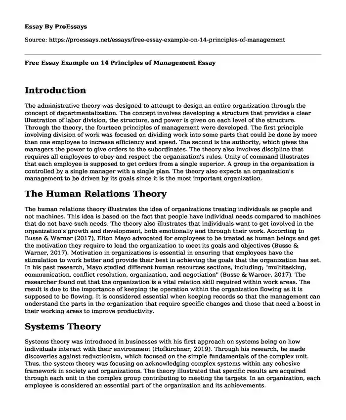 Free Essay Example on 14 Principles of Management