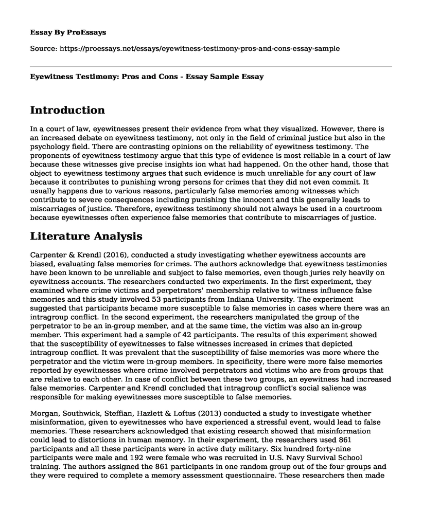 Eyewitness Testimony: Pros and Cons - Essay Sample