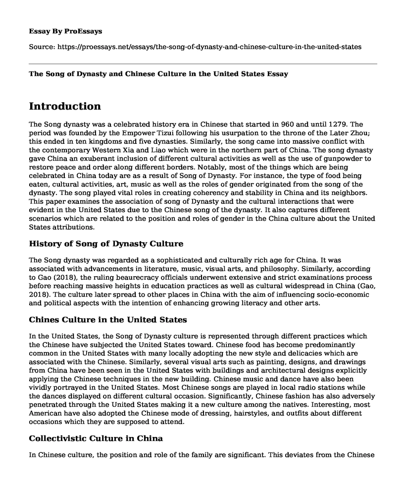 The Song of Dynasty and Chinese Culture in the United States