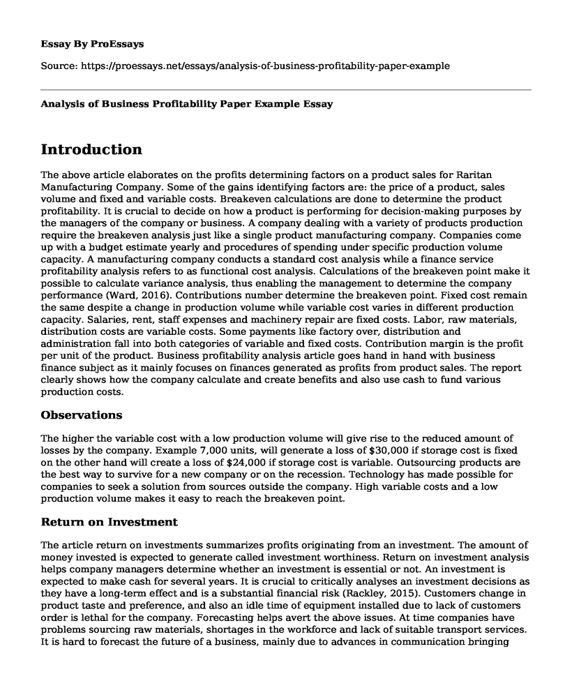 Analysis of Business Profitability Paper Example