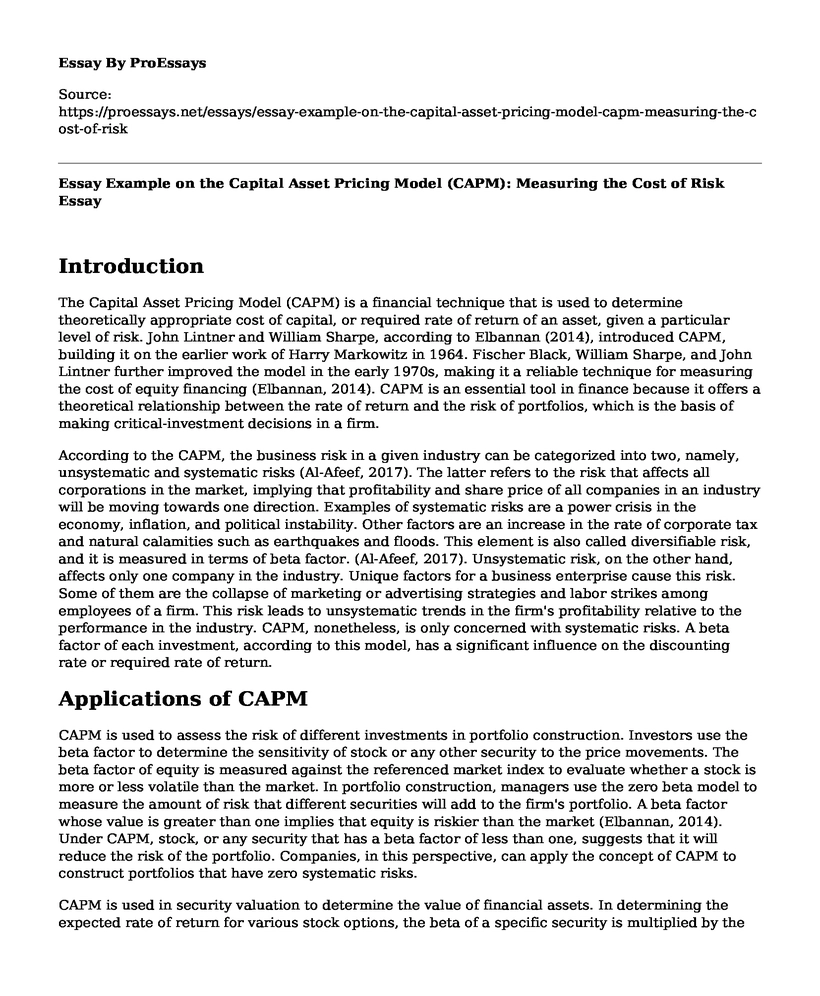 Essay Example on the Capital Asset Pricing Model (CAPM): Measuring the Cost of Risk