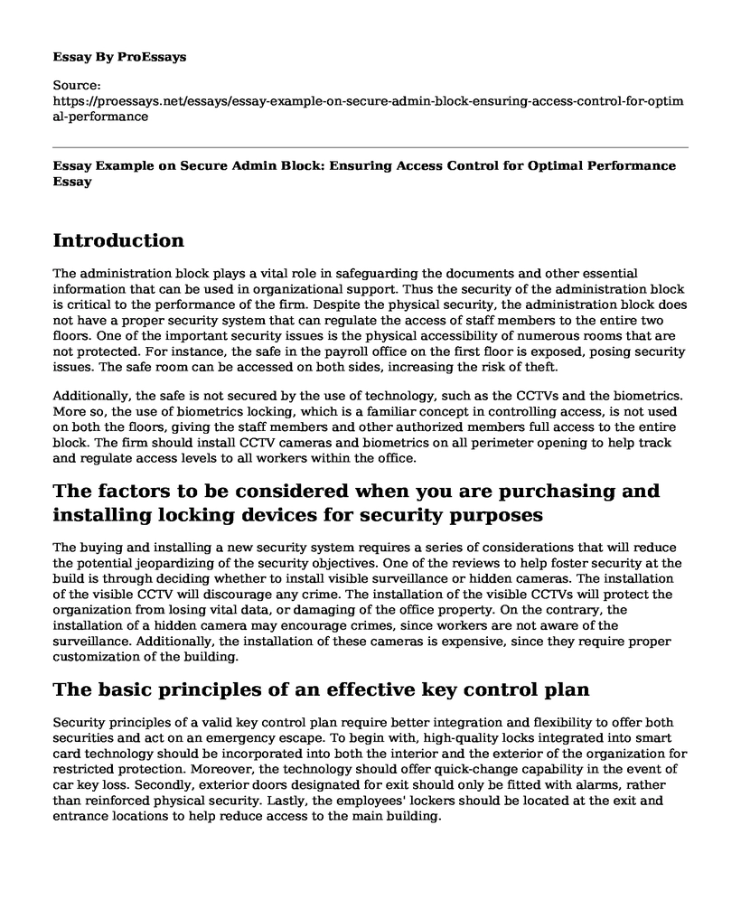Essay Example on Secure Admin Block: Ensuring Access Control for Optimal Performance
