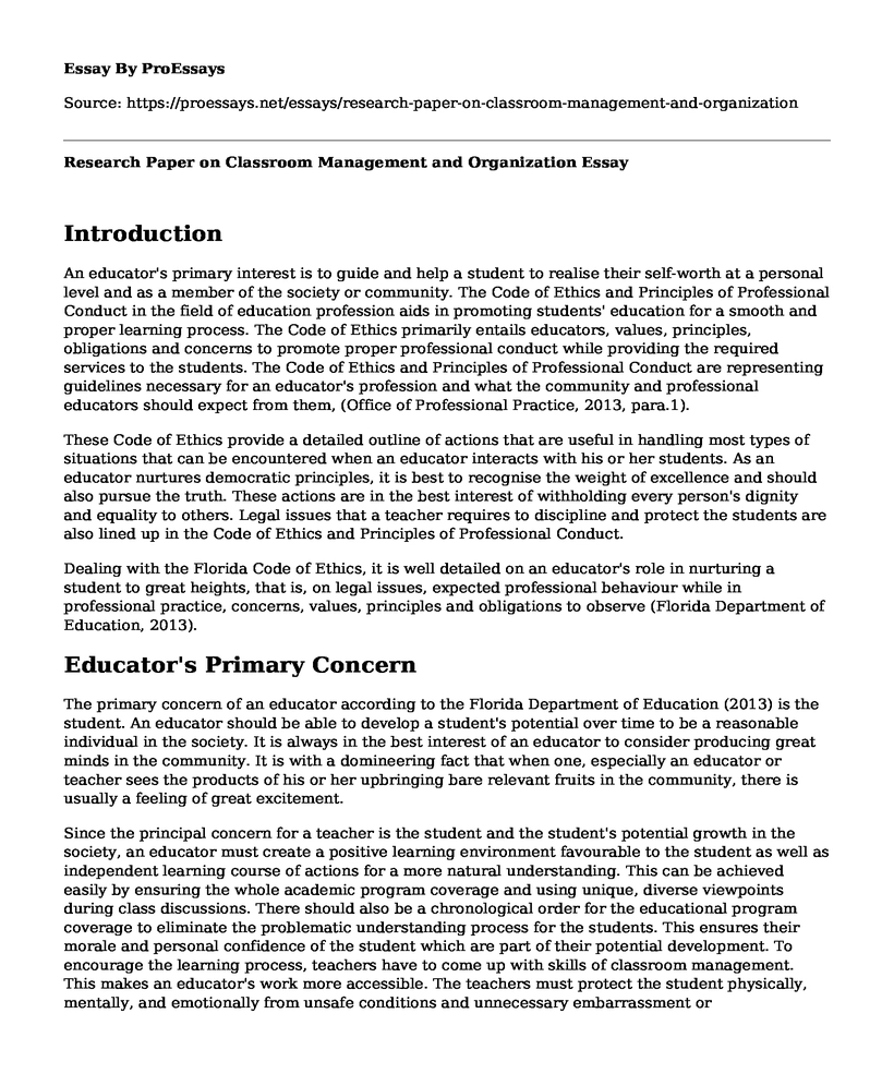Research Paper on Classroom Management and Organization