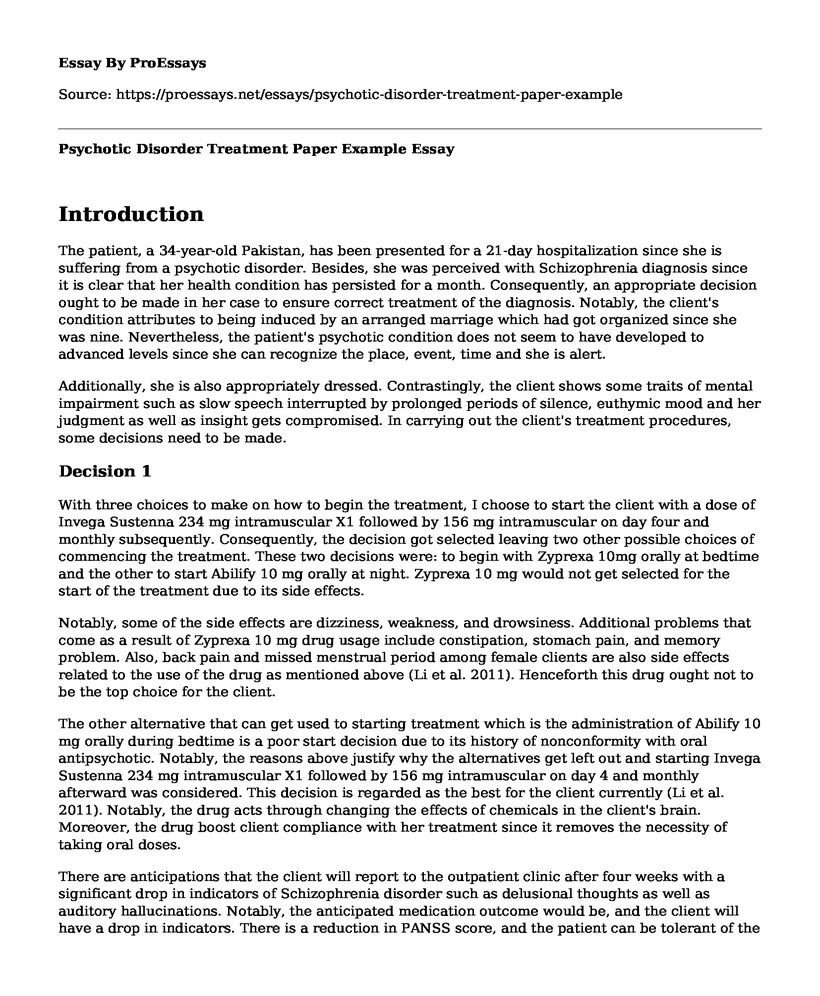 Psychotic Disorder Treatment Paper Example