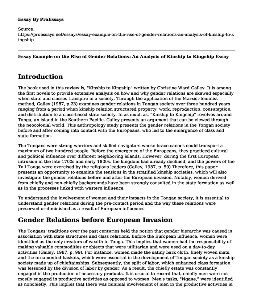 Essay Example on the Rise of Gender Relations: An Analysis of Kinship to Kingship