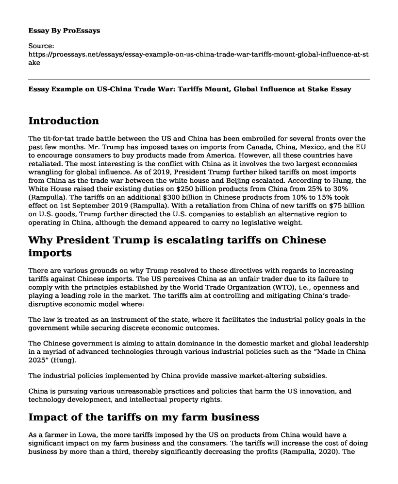 Essay Example on US-China Trade War: Tariffs Mount, Global Influence at Stake