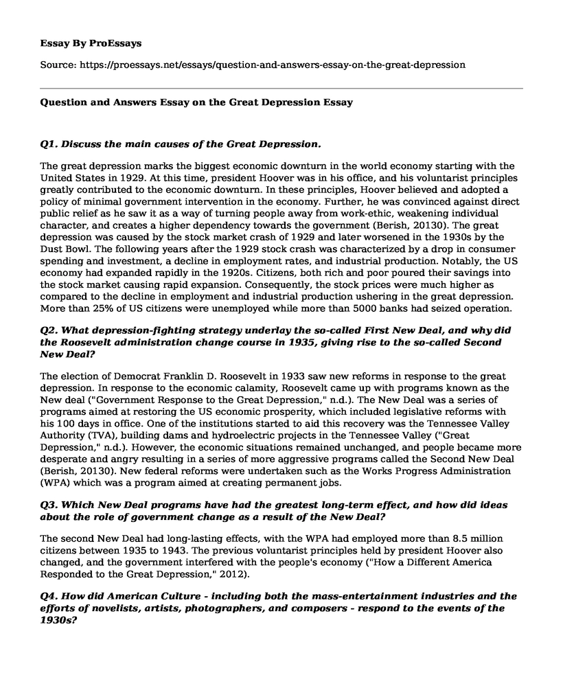 Question and Answers Essay on the Great Depression