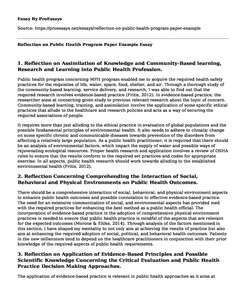 Reflection on Public Health Program Paper Example
