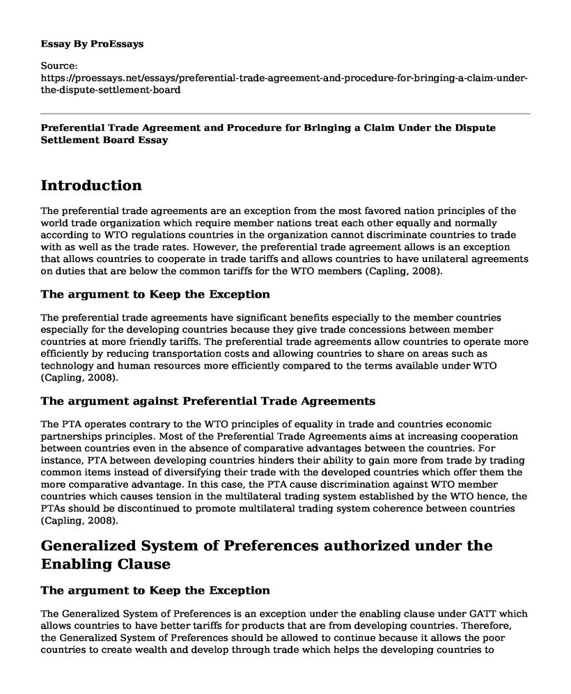 Preferential Trade Agreement and Procedure for Bringing a Claim Under the Dispute Settlement Board