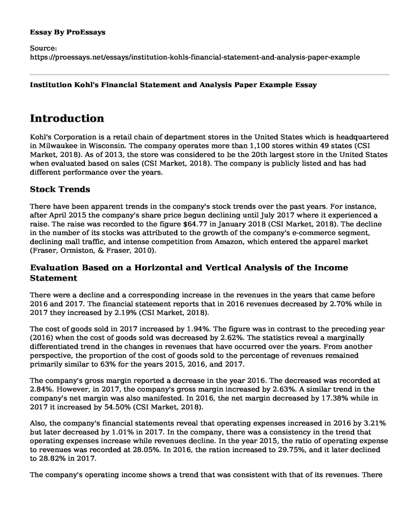 Institution Kohl's Financial Statement and Analysis Paper Example