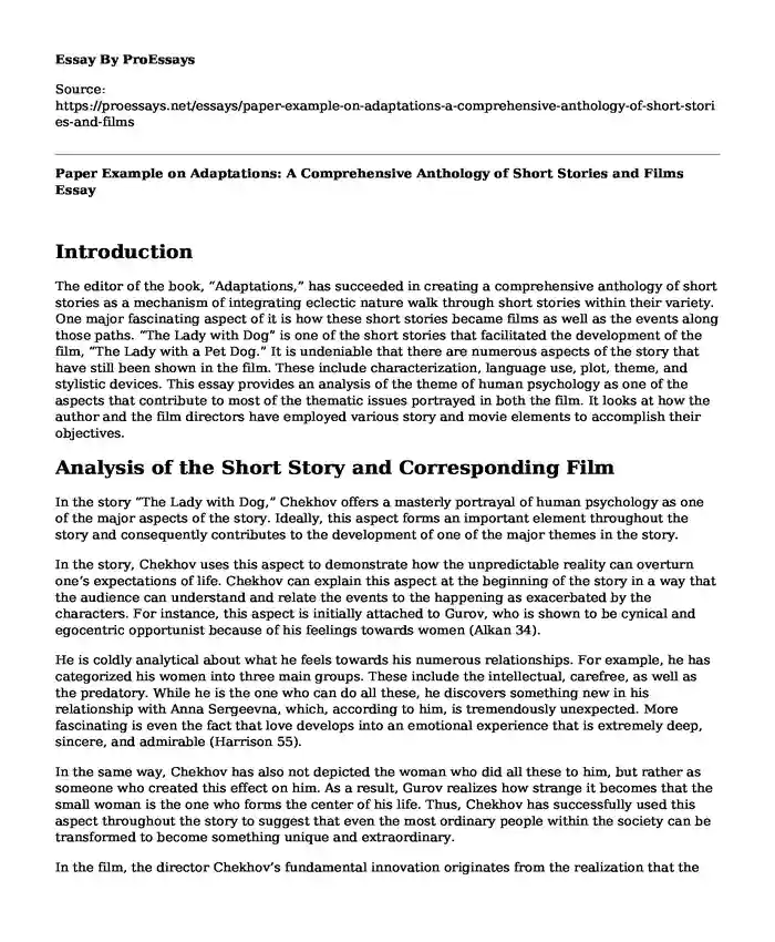 Paper Example on Adaptations: A Comprehensive Anthology of Short Stories and Films