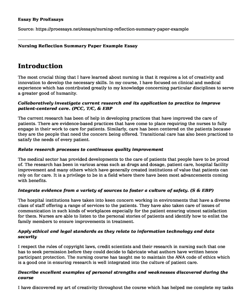 Nursing Reflection Summary Paper Example