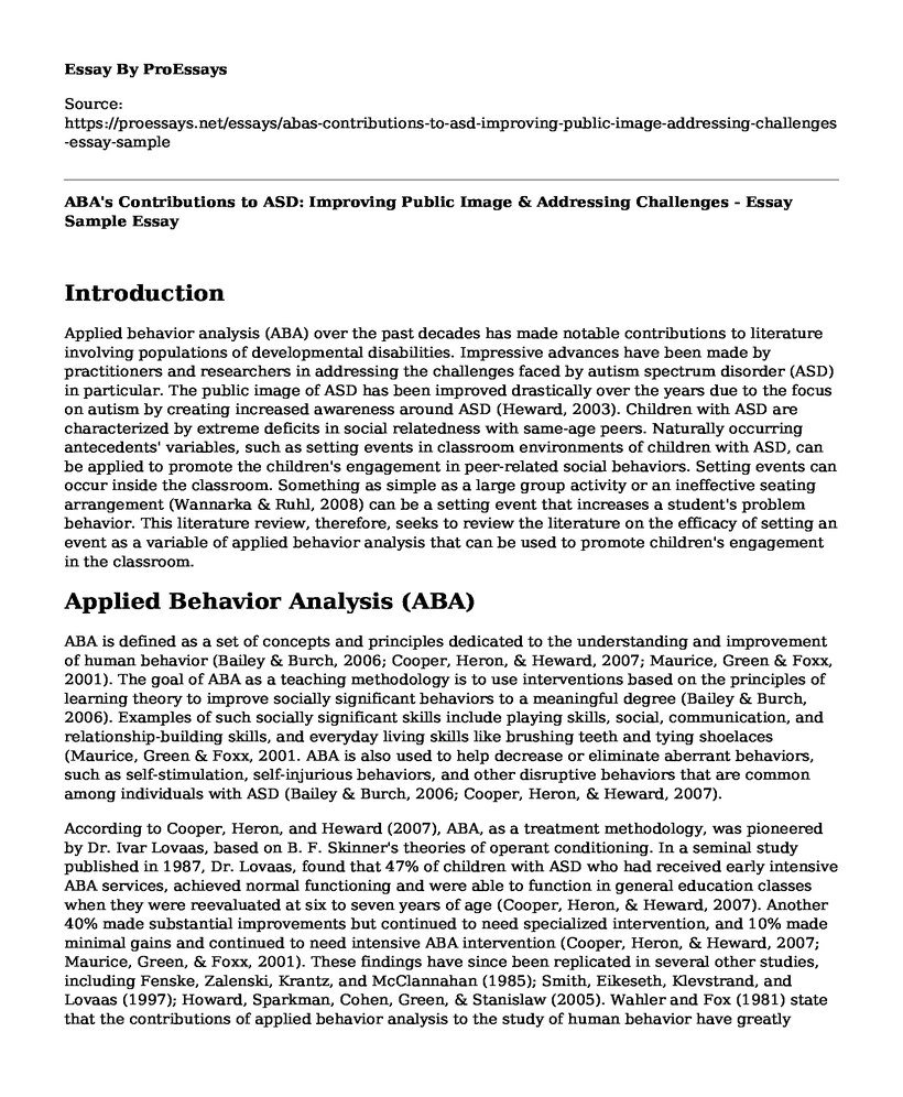 ABA's Contributions to ASD: Improving Public Image & Addressing Challenges - Essay Sample