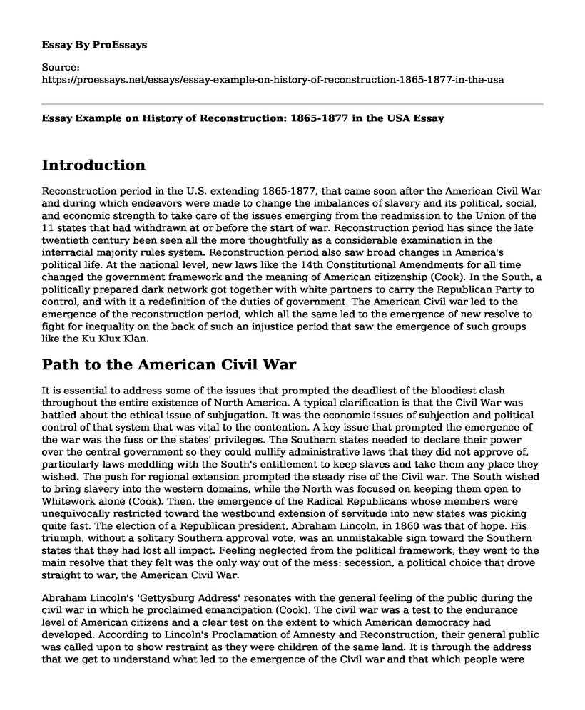 Essay Example on History of Reconstruction: 1865-1877 in the USA