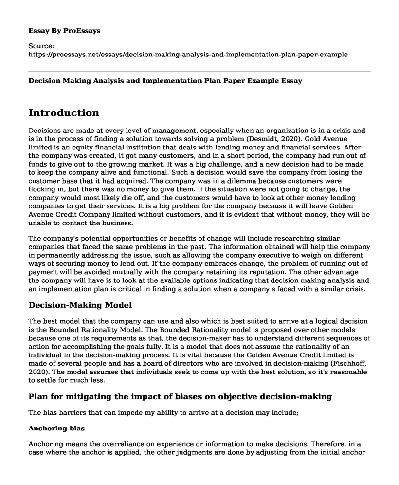 Decision Making Analysis and Implementation Plan Paper Example