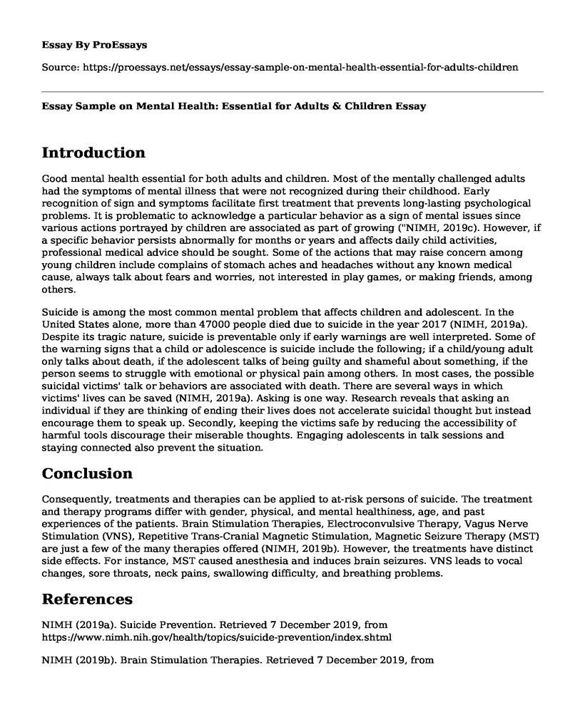 Essay Sample on Mental Health: Essential for Adults & Children