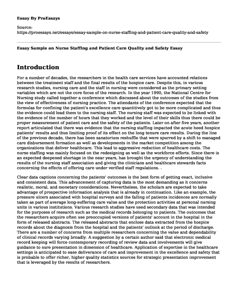 Essay Sample on Nurse Staffing and Patient Care Quality and Safety