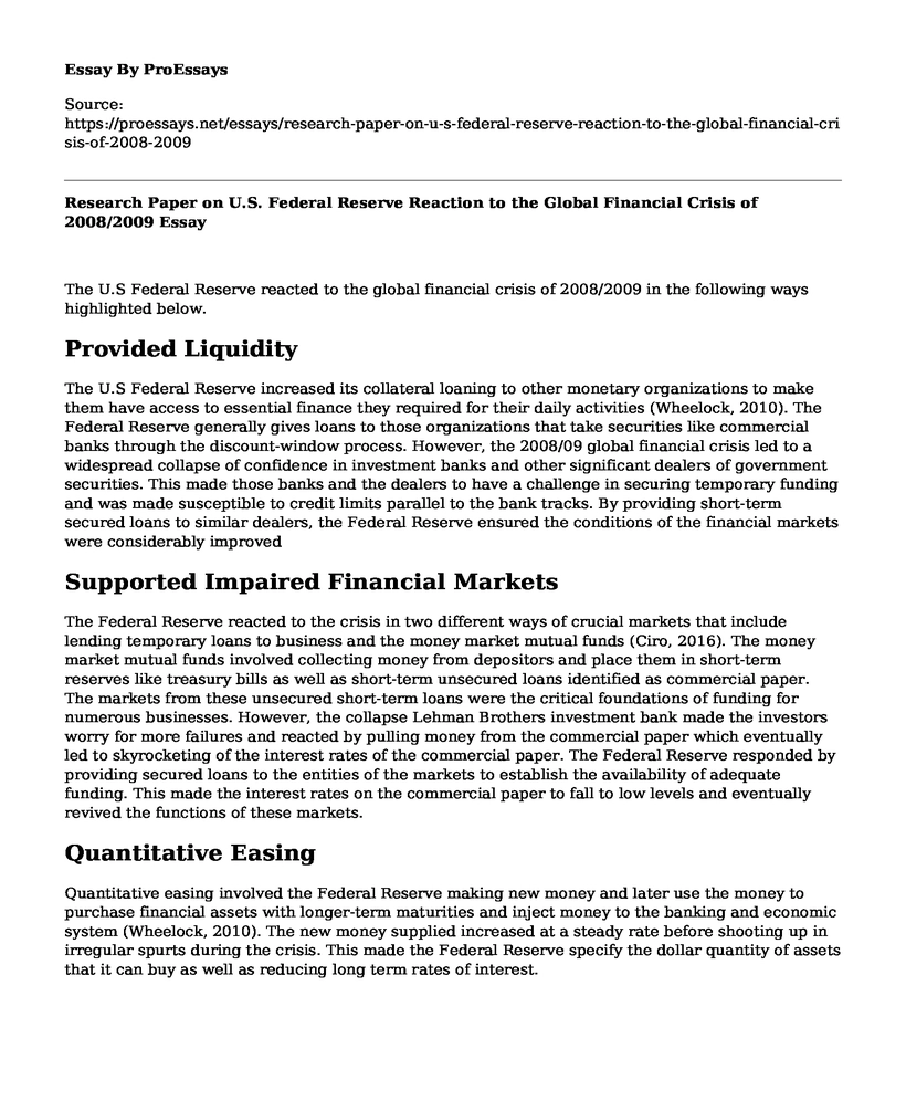 Research Paper on U.S. Federal Reserve Reaction to the Global Financial Crisis of 2008/2009