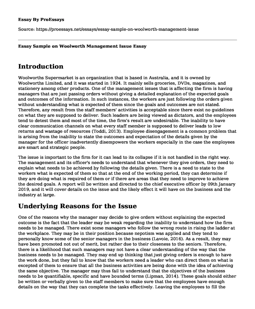 Essay Sample on Woolworth Management Issue