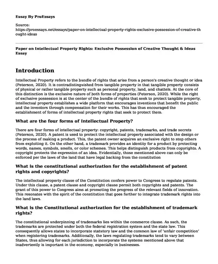 Paper on Intellectual Property Rights: Exclusive Possession of Creative Thought & Ideas