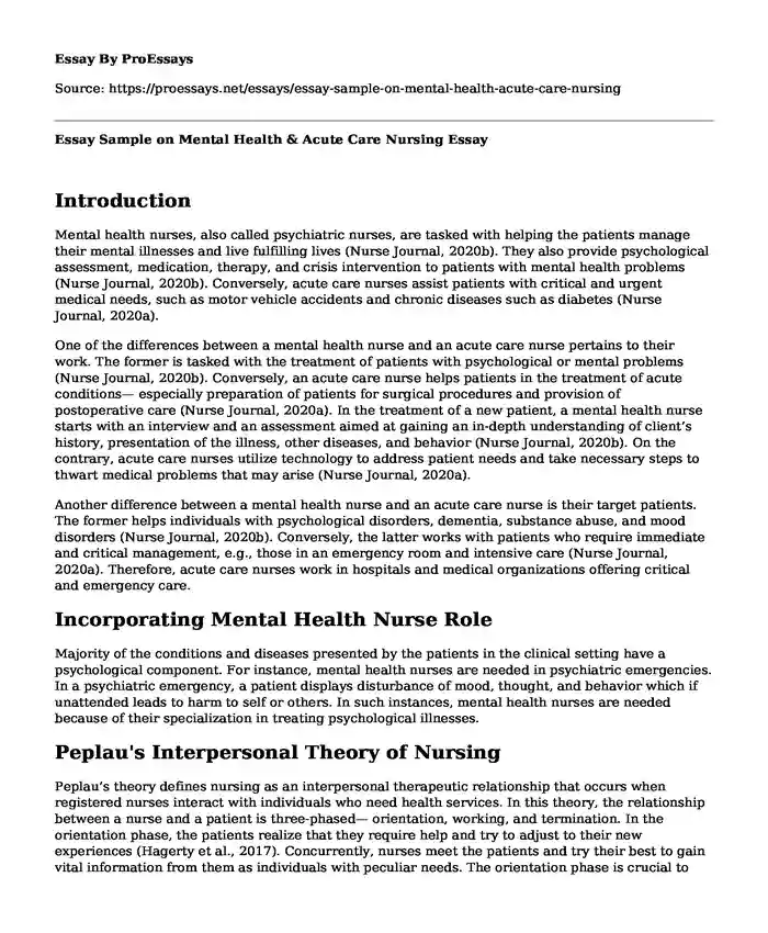 Essay Sample on Mental Health & Acute Care Nursing
