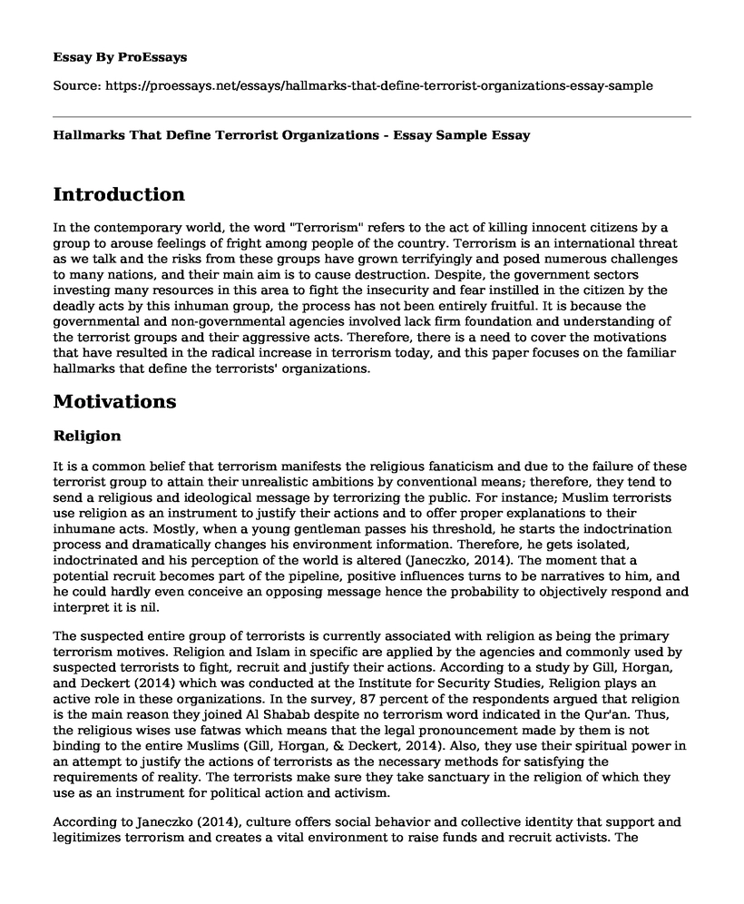 Hallmarks That Define Terrorist Organizations - Essay Sample