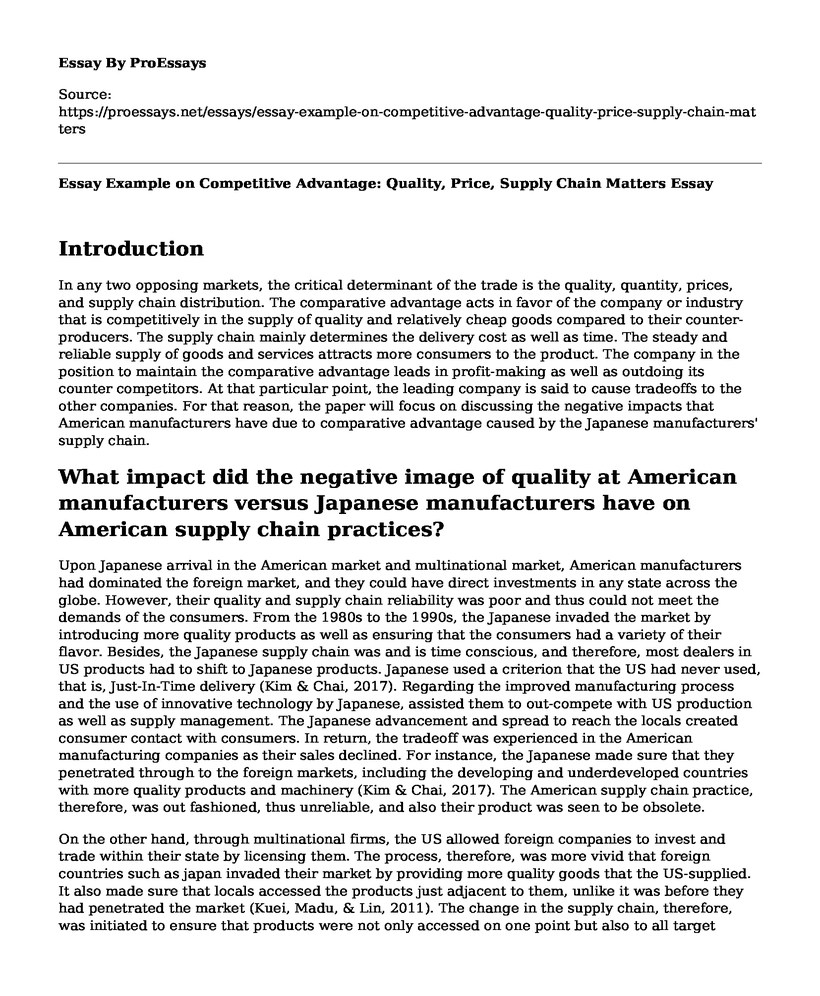 Essay Example on Competitive Advantage: Quality, Price, Supply Chain Matters