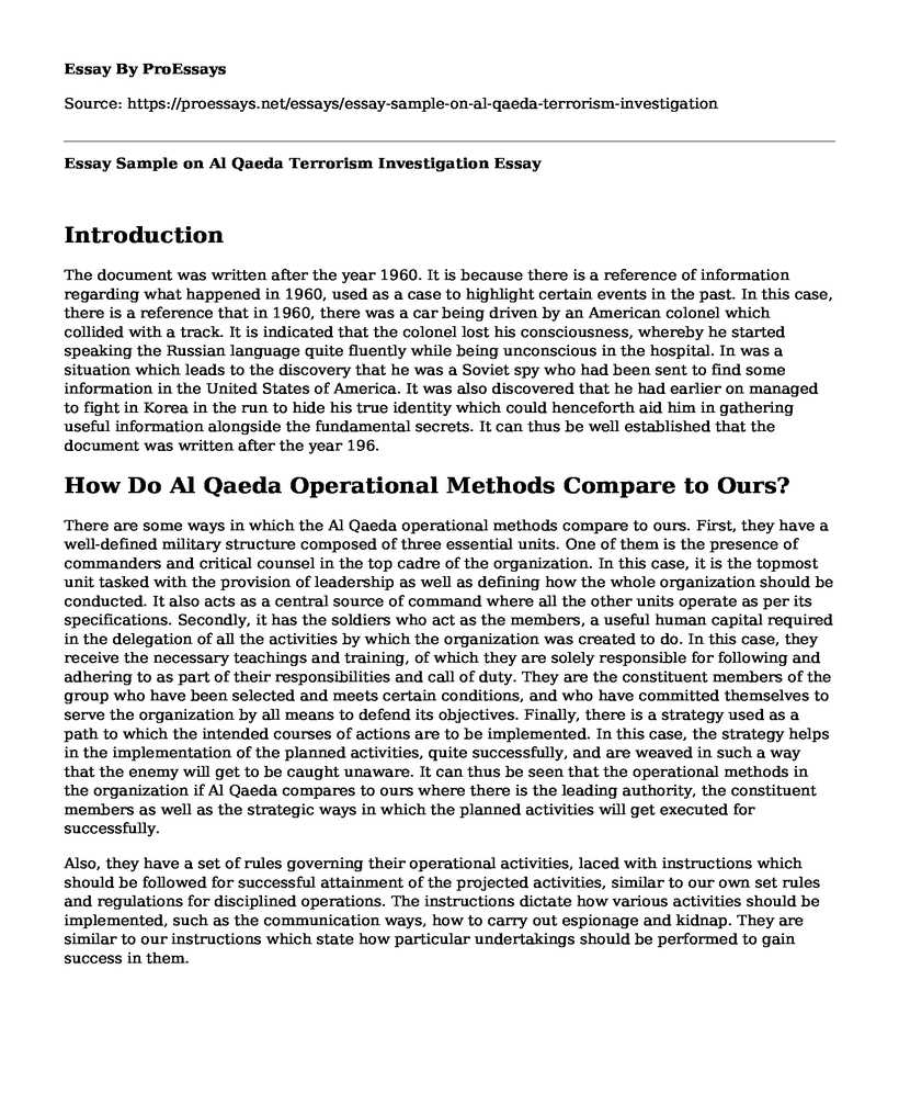 Essay Sample on Al Qaeda Terrorism Investigation