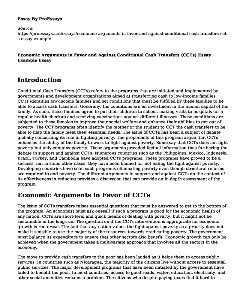 Economic Arguments in Favor and Against Conditional Cash Transfers (CCTs) Essay Example
