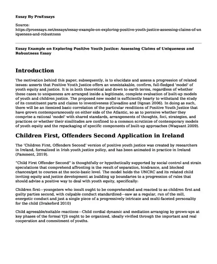 Essay Example on Exploring Positive Youth Justice: Assessing Claims of Uniqueness and Robustness