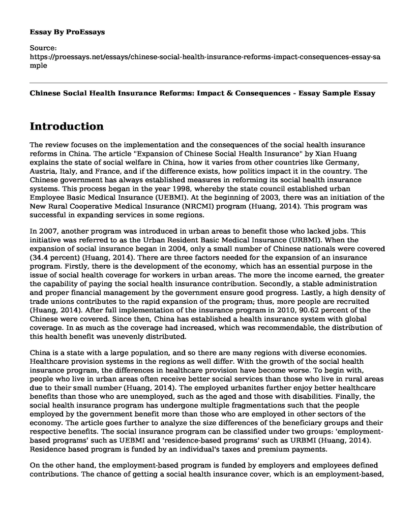 Chinese Social Health Insurance Reforms: Impact & Consequences - Essay Sample