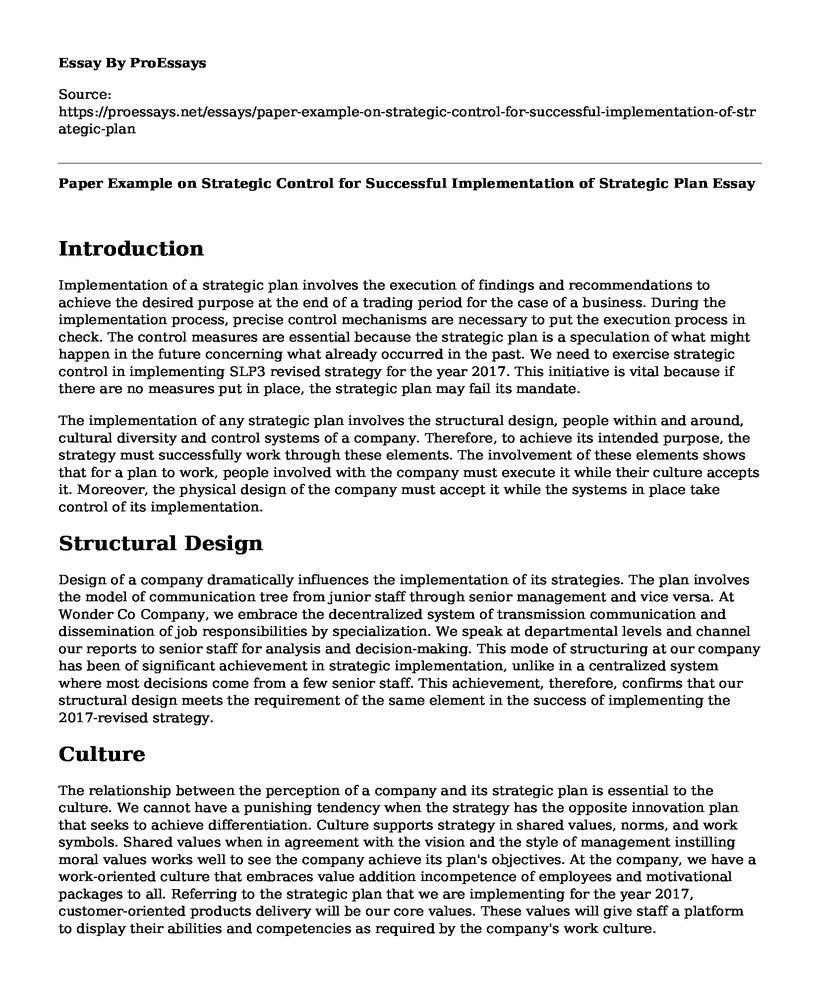 Paper Example on Strategic Control for Successful Implementation of Strategic Plan