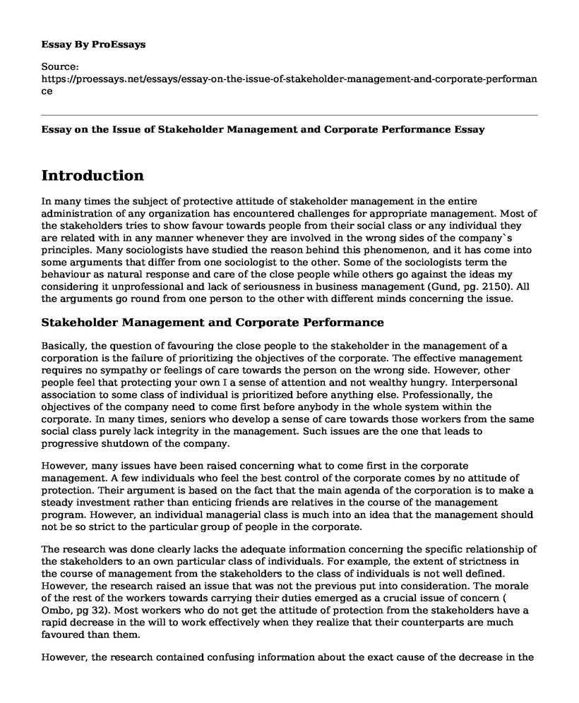 Essay on the Issue of Stakeholder Management and Corporate Performance