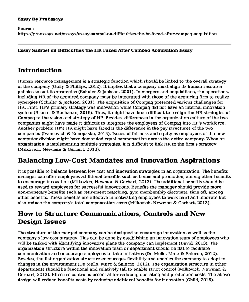 Essay Sampel on Difficulties the HR Faced After Compaq Acquisition