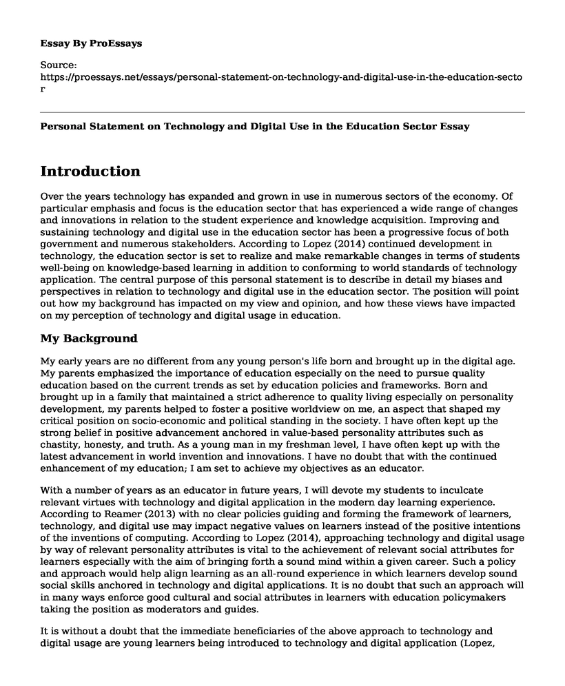 Personal Statement on Technology and Digital Use in the Education Sector