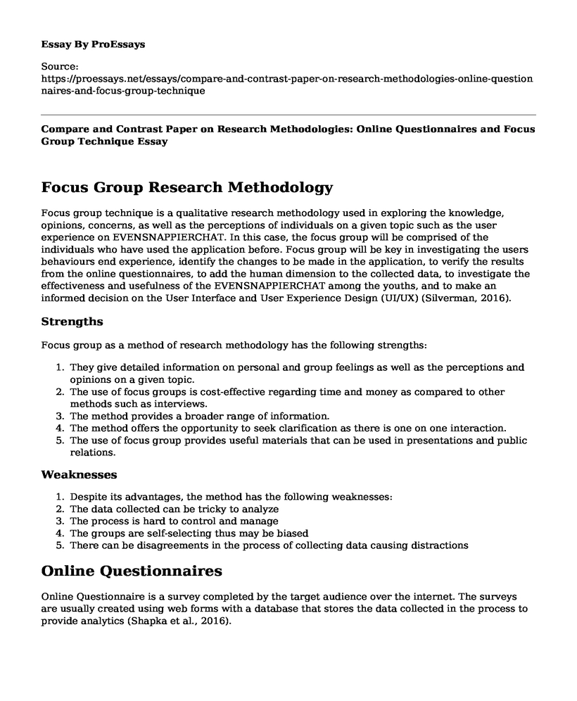 Compare and Contrast Paper on Research Methodologies: Online Questionnaires and Focus Group Technique