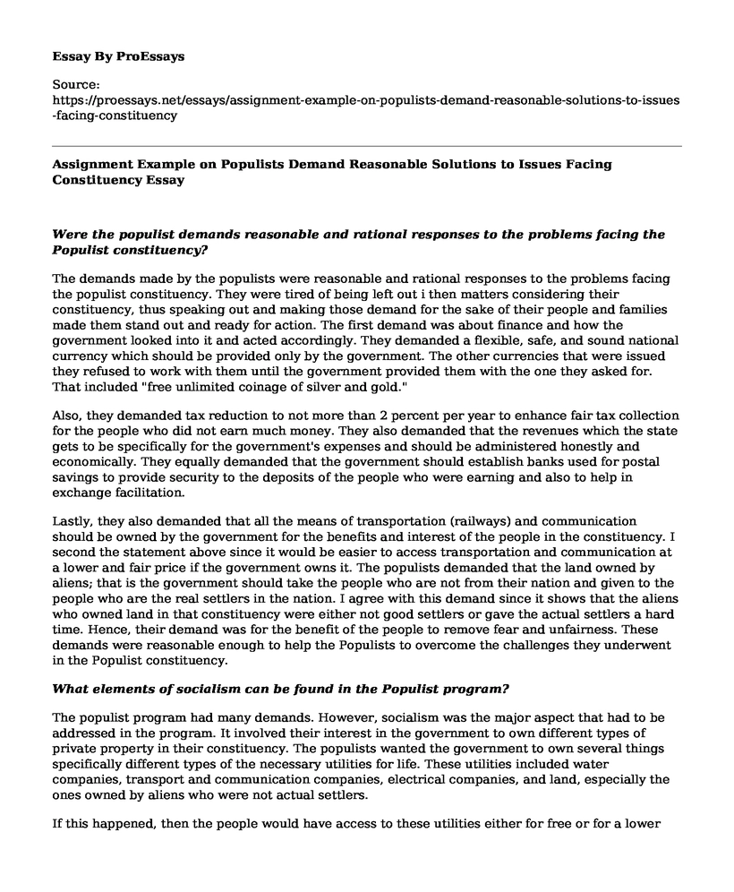 Assignment Example on Populists Demand Reasonable Solutions to Issues Facing Constituency