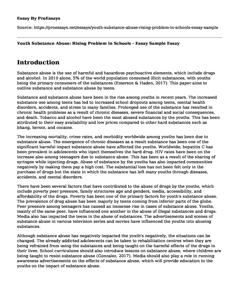 Youth Substance Abuse: Rising Problem in Schools - Essay Sample