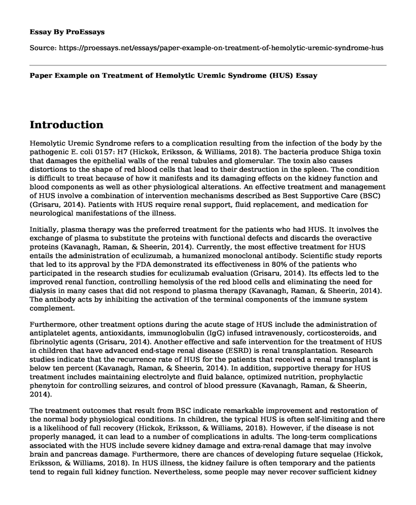 Paper Example on Treatment of Hemolytic Uremic Syndrome (HUS)