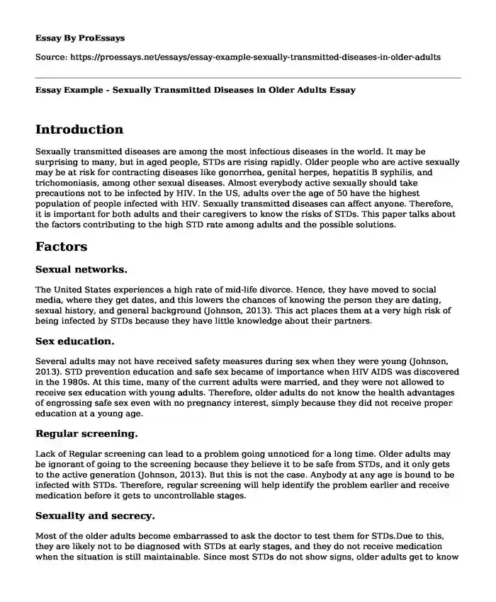 Essay Example - Sexually Transmitted Diseases in Older Adults