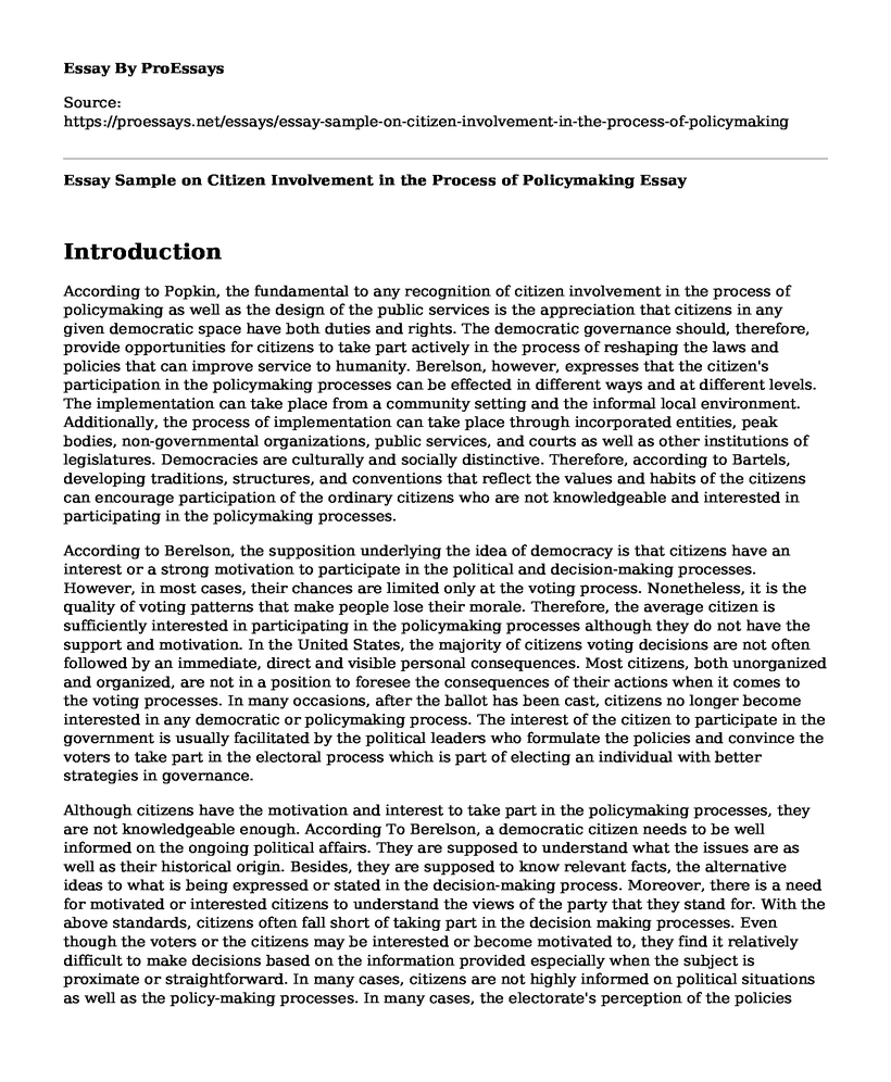 Essay Sample on Citizen Involvement in the Process of Policymaking