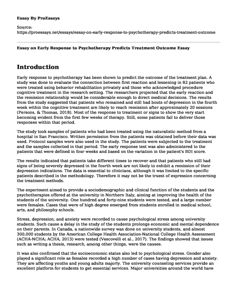 Essay on Early Response to Psychotherapy Predicts Treatment Outcome
