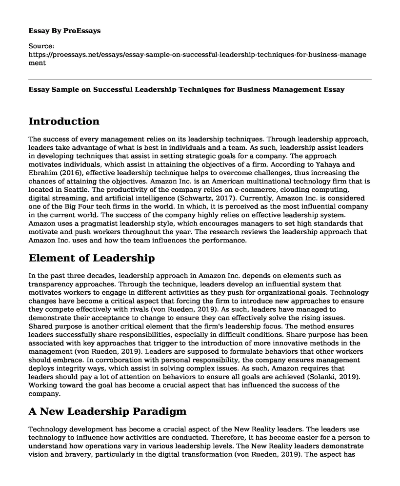 Essay Sample on Successful Leadership Techniques for Business Management