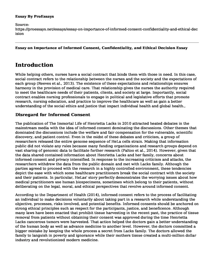 Essay on Importance of Informed Consent, Confidentiality, and Ethical Decision