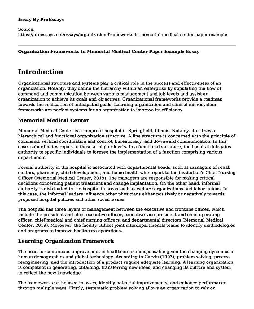 Organization Frameworks in Memorial Medical Center Paper Example
