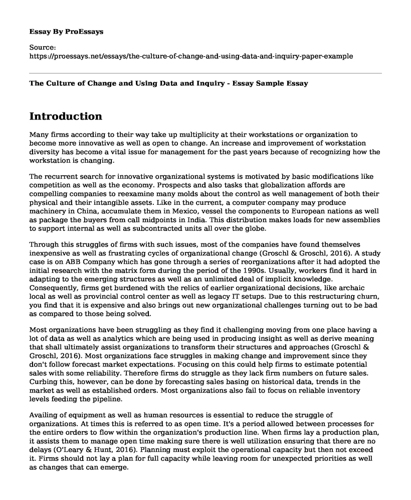 The Culture of Change and Using Data and Inquiry - Essay Sample