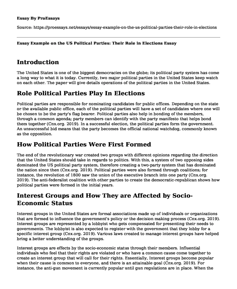 Essay Example on the US Political Parties: Their Role in Elections