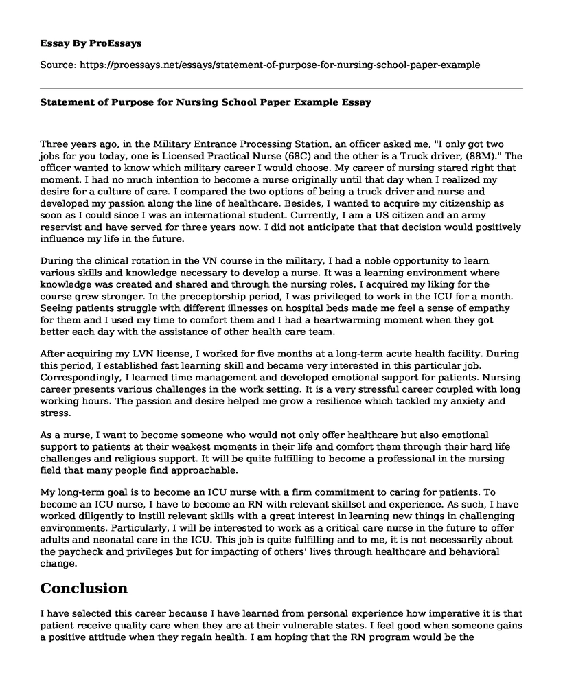 Statement of Purpose for Nursing School Paper Example